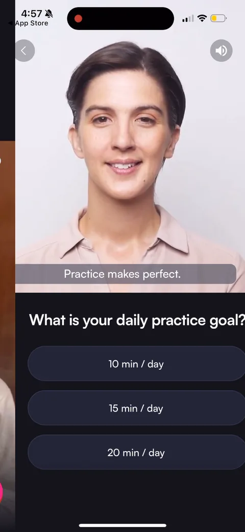 BoldVoice onboarding screen 38: Daily practice-goal commitment (10/15/20 min per day)