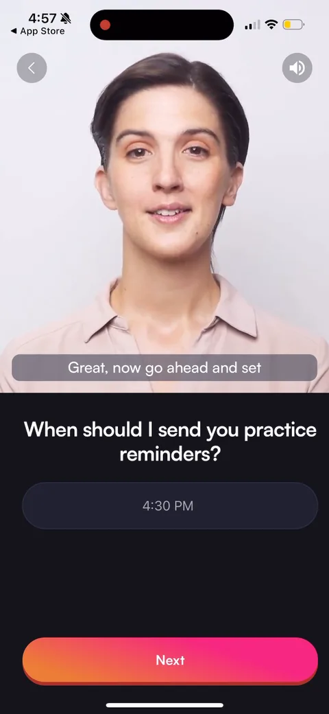 BoldVoice onboarding screen 39: Notification permission via a reminder-time picker ('When should I send you practice reminders?', defaulted…