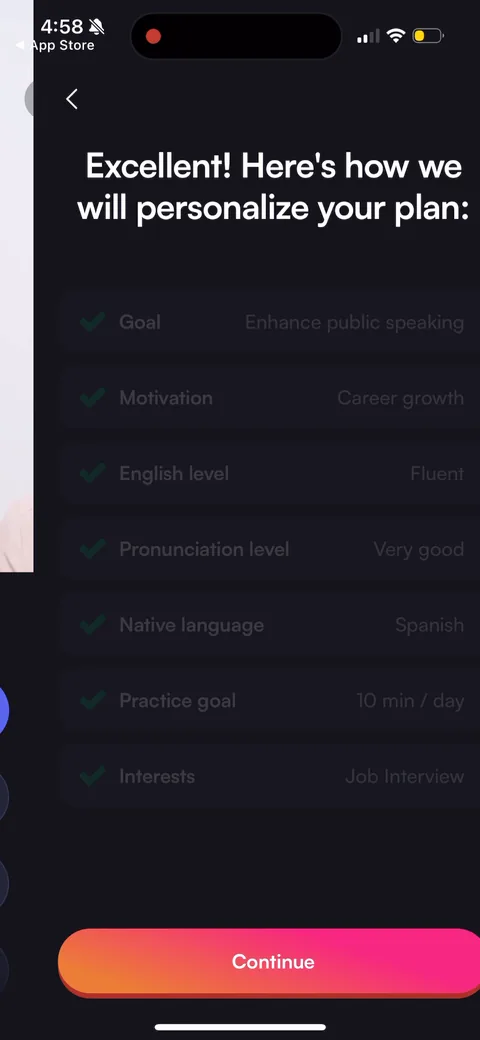 BoldVoice onboarding screen 41: Personalization payoff screen: 'Here's how we'll personalize your plan' replays every quiz answer (goal…