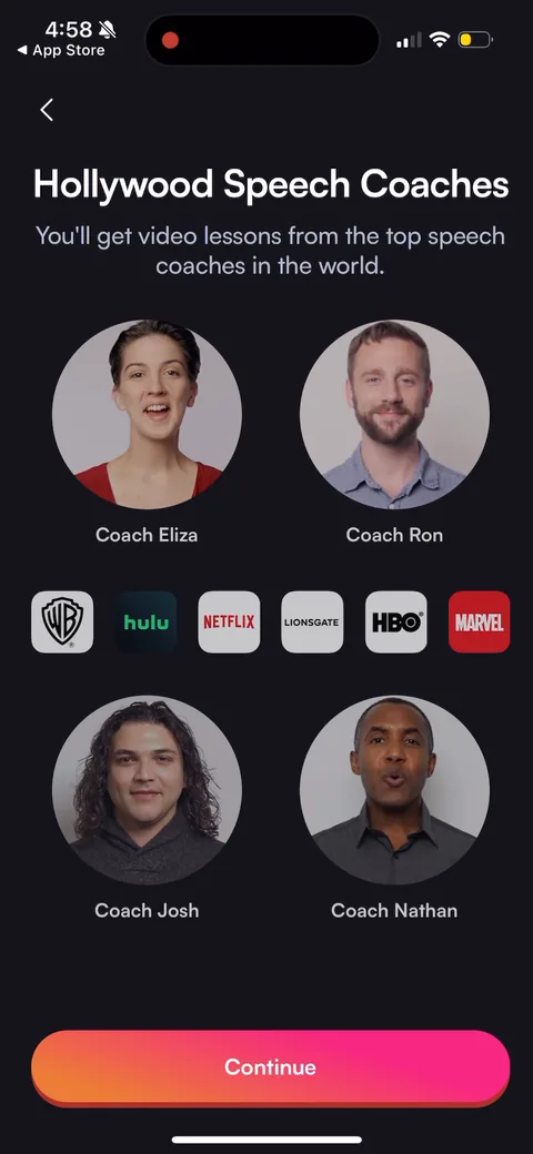 BoldVoice onboarding screen 44: Social-proof escalation: 'Hollywood Speech Coaches' with named coach headshots plus…