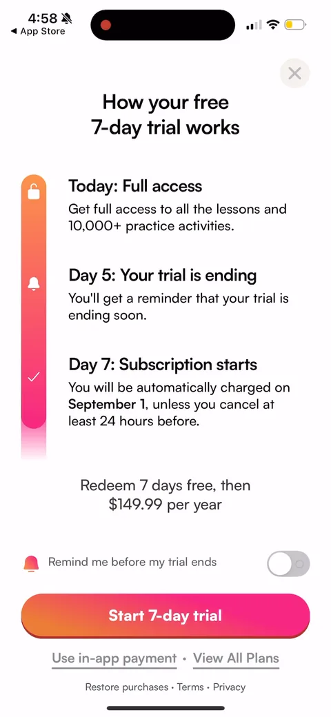 BoldVoice paywall with pricing, onboarding screen 48