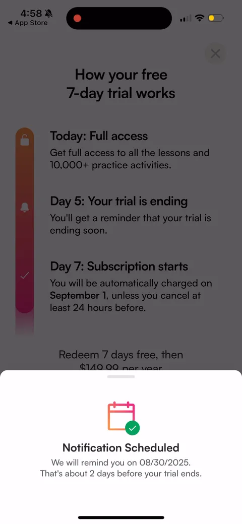 BoldVoice onboarding screen 49: Post-purchase trial explainer reiterating the day-by-day timeline ($149.99/yr) with a 'Notification…