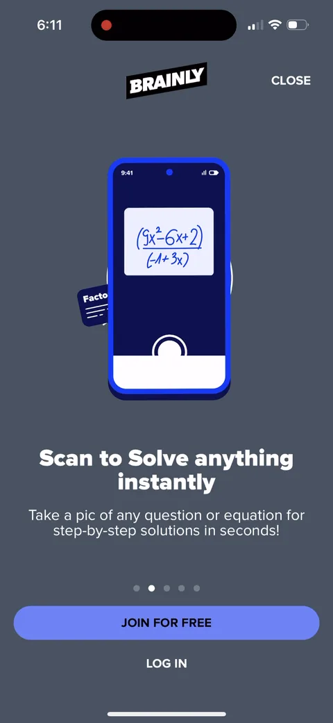 Brainly onboarding screen 8: Five value prop screens, and JOIN FOR FREE stays pinned to the bottom of every one