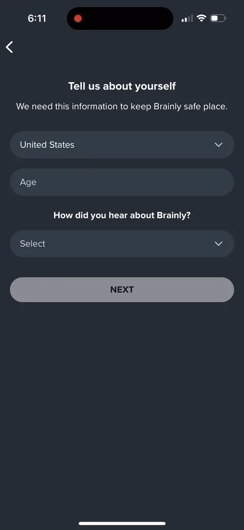 Brainly onboarding screen 15: Country, age and 'How did you hear about Brainly?' on one screen, justified with 'We need this information to…