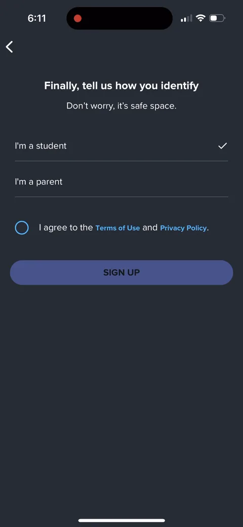 Brainly onboarding screen 18: 'Finally, tell us how you identify: I'm a student, I'm a parent.' A two-way fork that decides who the product…