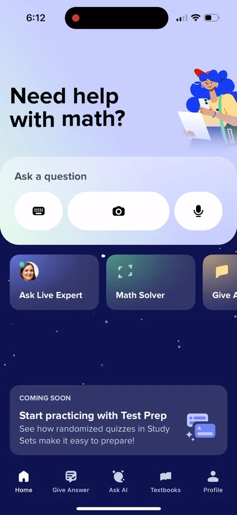Brainly onboarding screen 21: 'Need help with math?' with three input modes, type, photo, voice
