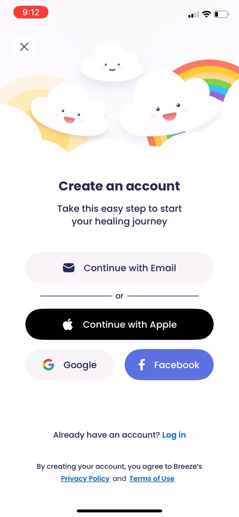 Breeze onboarding screen 2: Account creation is the very first thing, before any value