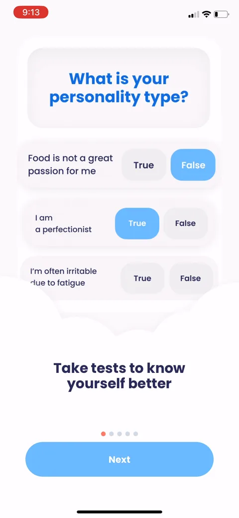 Breeze onboarding screen 7: Interactive true/false preview of the personality test