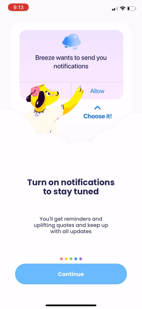 Breeze onboarding screen 10: Notification permission framed by benefit: 'reminders and uplifting quotes.' Better than the bare iOS prompt