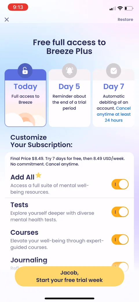 Breeze paywall with pricing, onboarding screen 11