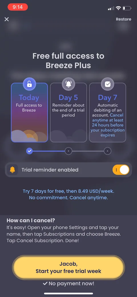 Breeze onboarding screen 29: Second paywall pass, this one heavy on cancellation reassurance: 'trial reminder enabled,' 'no payment now,'…