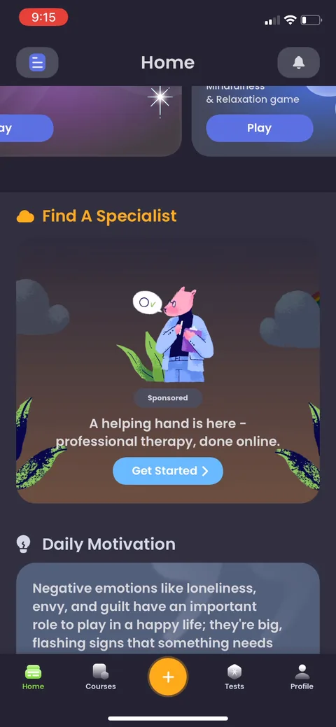 Breeze onboarding screen 53: A sponsored BetterHelp 'Find a Specialist' card sits right in the home feed