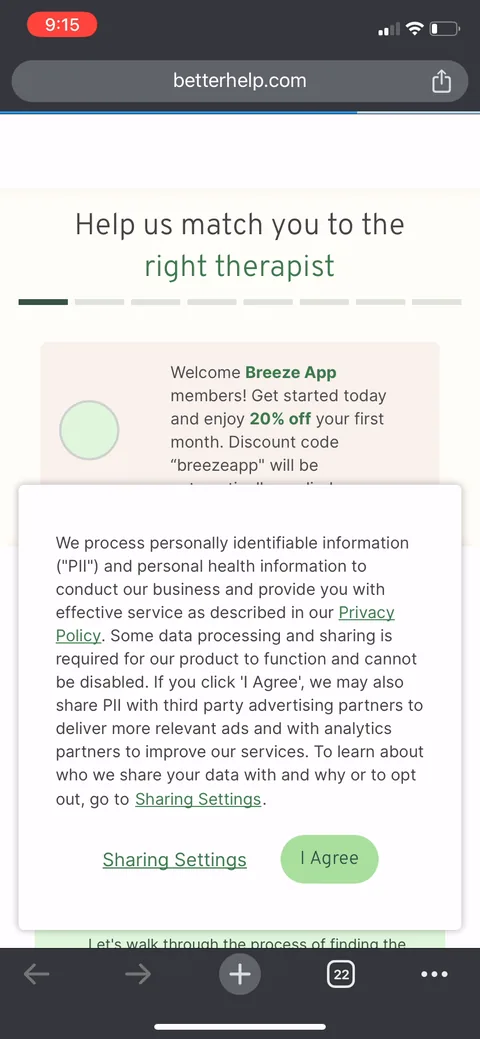 Breeze onboarding screen 55: Tapping through dumps you into BetterHelp's own web funnel with a 'Breeze App members 20% off' code