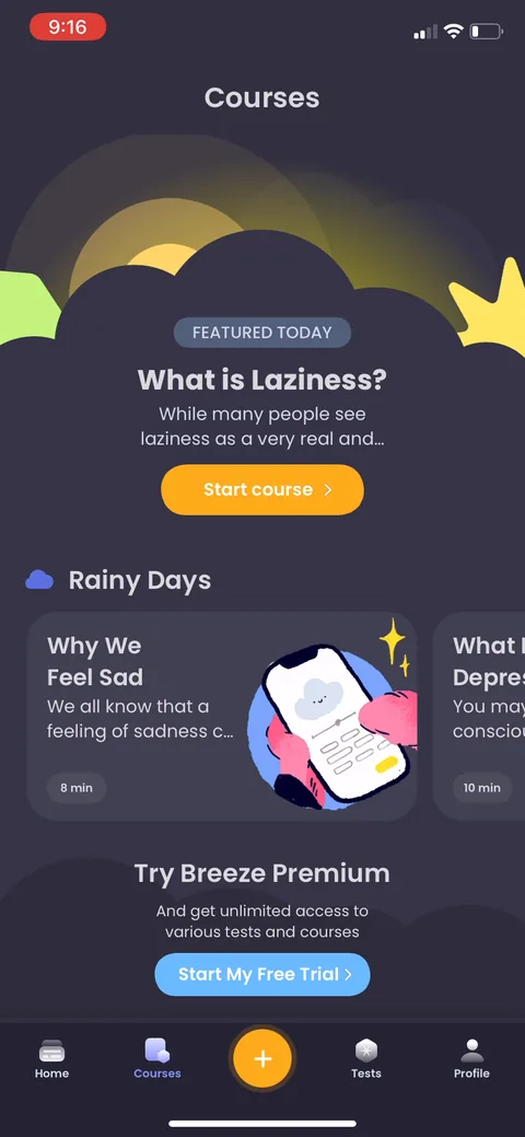 Breeze onboarding screen 78: Contextual 'Try Breeze Premium' card wedged into the Courses list, with a couple of free courses visible…
