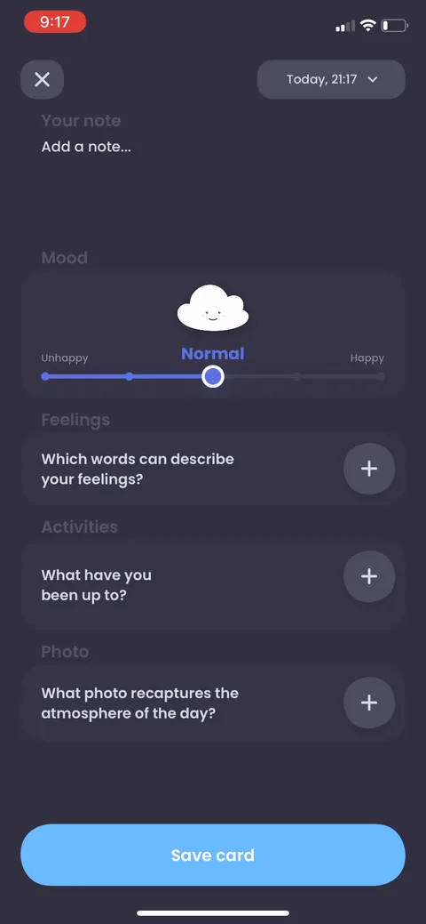 Breeze onboarding screen 89: Mood entry asks for the emoji scale plus words, what you've been up to, and a photo 'that recaptures the…