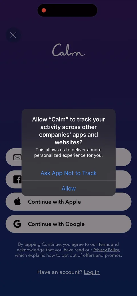 Calm onboarding screen 7: They stack the ATT prompt and signup before any value