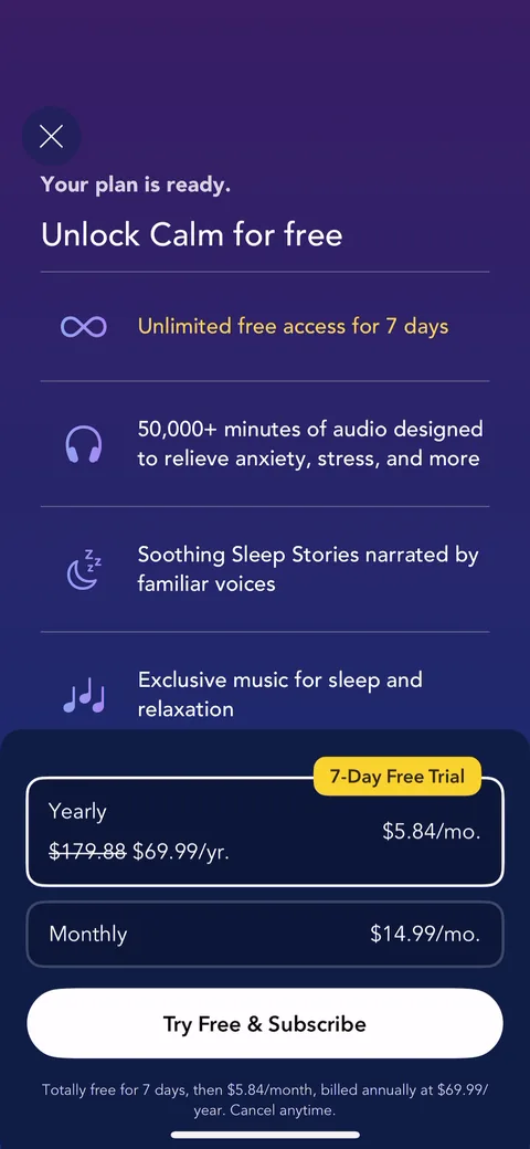 Calm paywall with pricing, onboarding screen 14