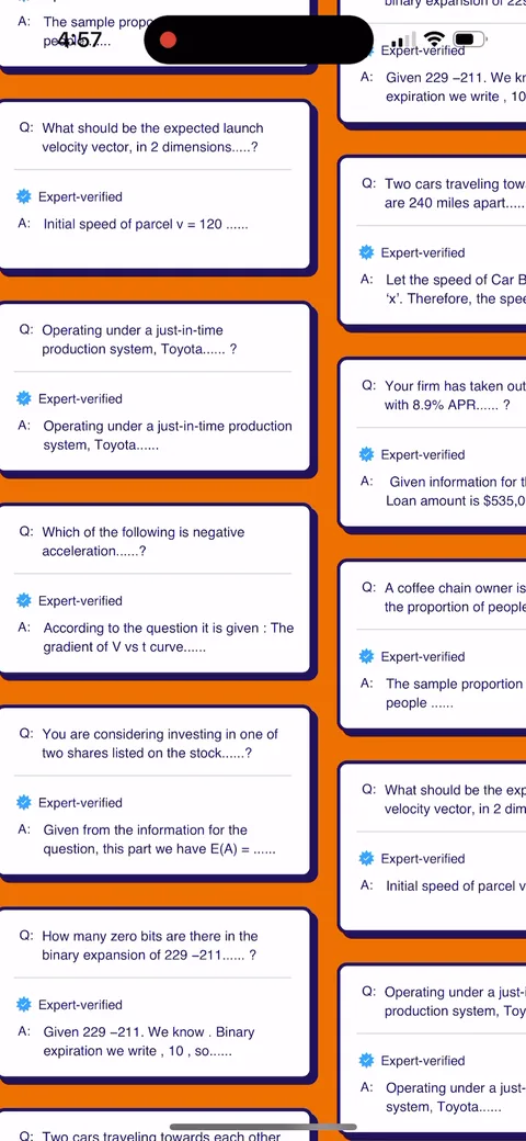 Chegg Study onboarding screen 3: The background is a live wall of real expert-verified Q&A scrolling past