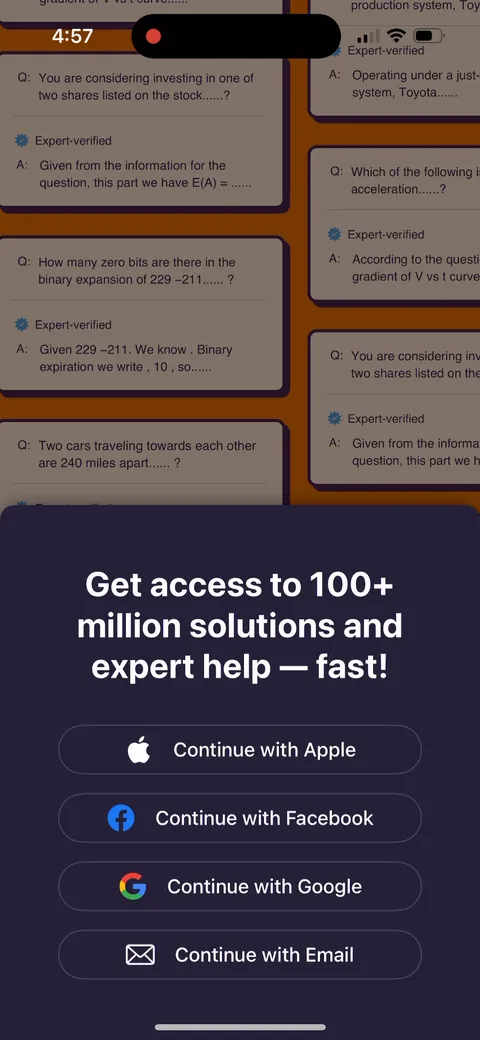 Chegg Study onboarding screen 4: 'Get access to 100+ million solutions and expert help, fast' with four auth buttons and no way around it