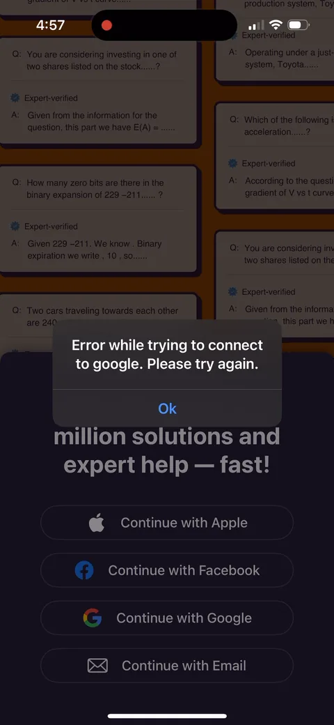 Chegg Study onboarding screen 8: Google auth fails with 'Error while trying to connect to google