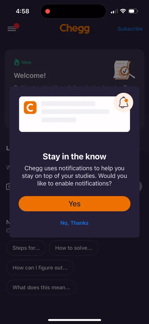 Chegg Study onboarding screen 11: A custom primer before the system notification dialog: 'Chegg uses notifications to help you stay on top of…