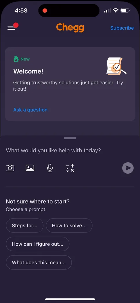 Chegg Study onboarding screen 12: Prompt chips under 'Not sure where to start?': 'Steps for', 'How to solve', 'How can I figure out', 'What…