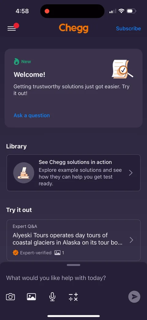 Chegg Study onboarding screen 13: Home leads with 'See Chegg solutions in action' and real example questions rather than an empty dashboard