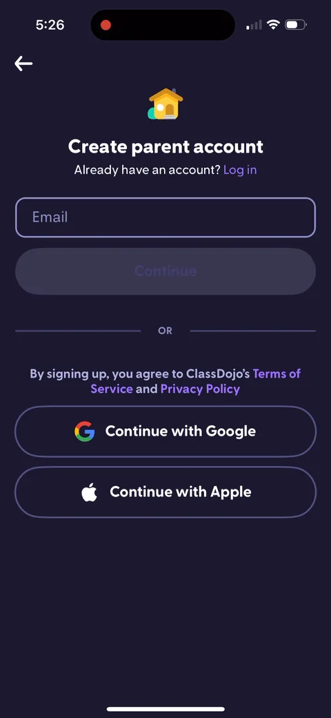 Classdojo onboarding screen 1: Parent account before anything else