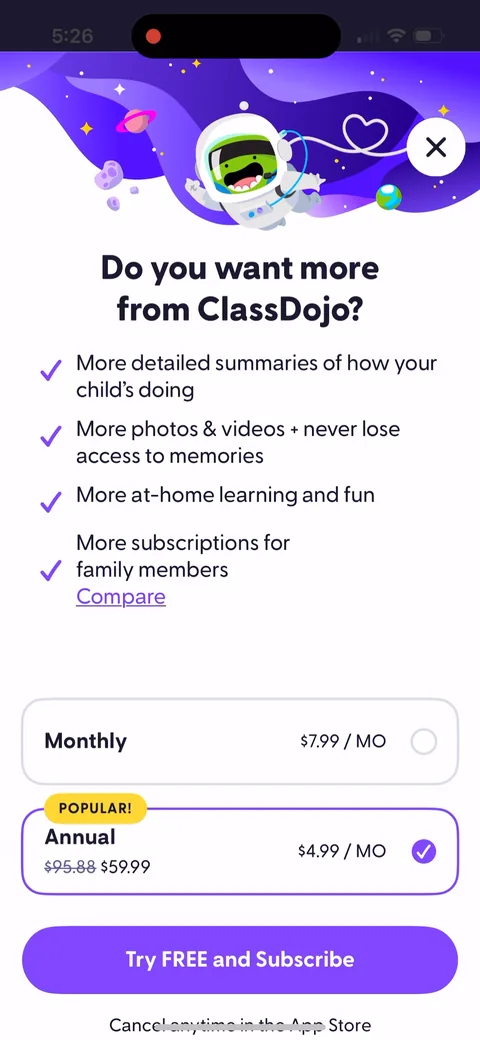 Classdojo paywall with pricing, onboarding screen 8