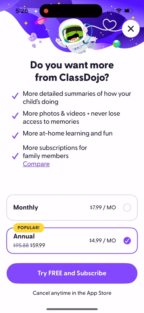 Classdojo onboarding screen 9: Annual at $59.99 with $95.88 struck through, marked POPULAR and preselected, against $7.99 monthly