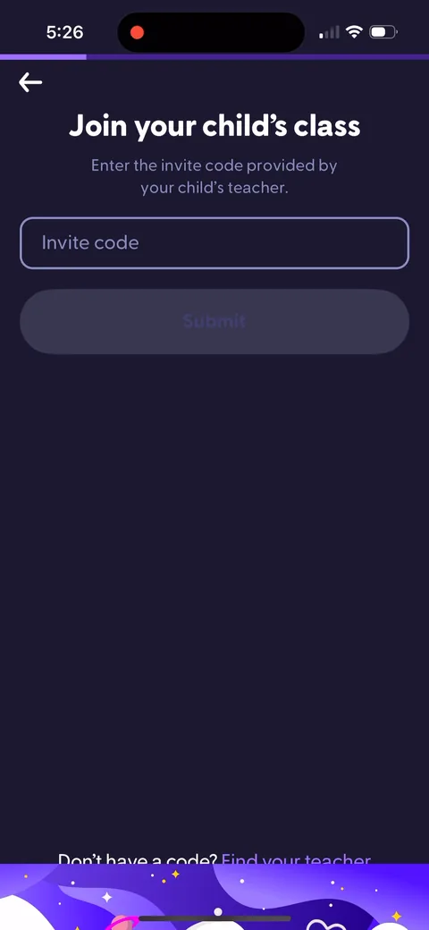 Classdojo onboarding screen 10: 'Join your child's class' with an invite code