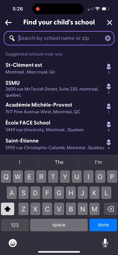 Classdojo onboarding screen 12: School search with 'Suggested schools near you' already filled in from location