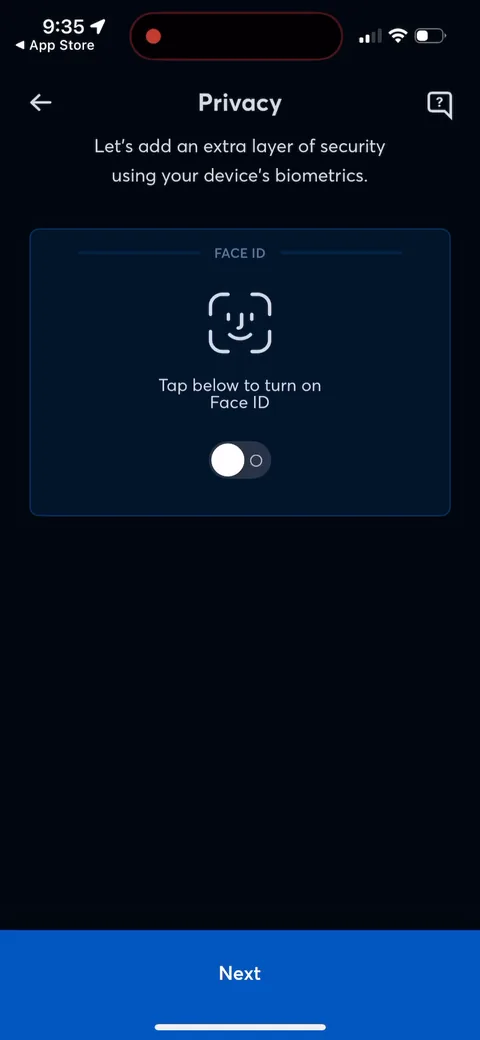 Copilot onboarding screen 9: Face ID setup this early reads as a trust signal as much as a feature