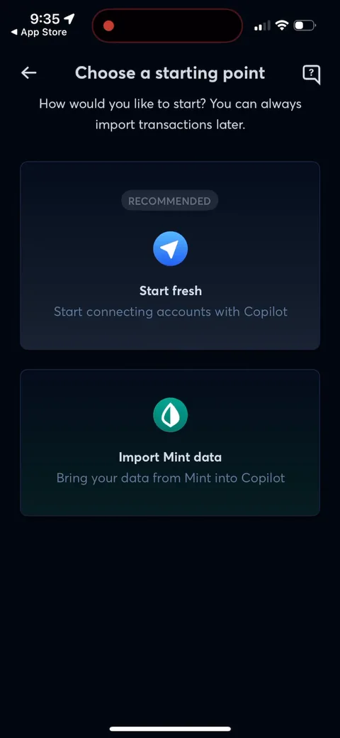 Copilot onboarding screen 10: Choose a starting point: start fresh, connect accounts, or import your Mint data