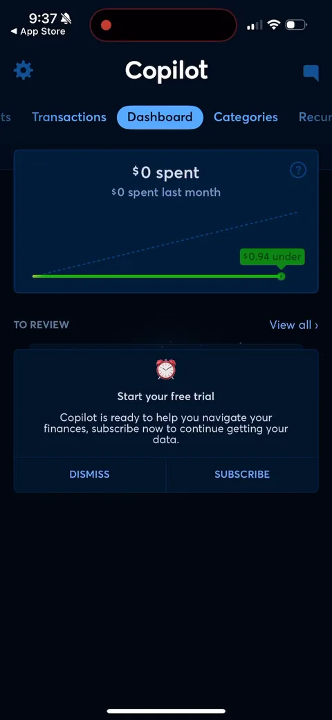 Copilot onboarding screen 114: Post-paywall drops you onto the dashboard, but everything reads $0 because nothing's linked yet, with a…