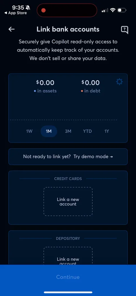 Copilot onboarding screen 12: The bank-linking ask, the highest-friction moment in the whole flow