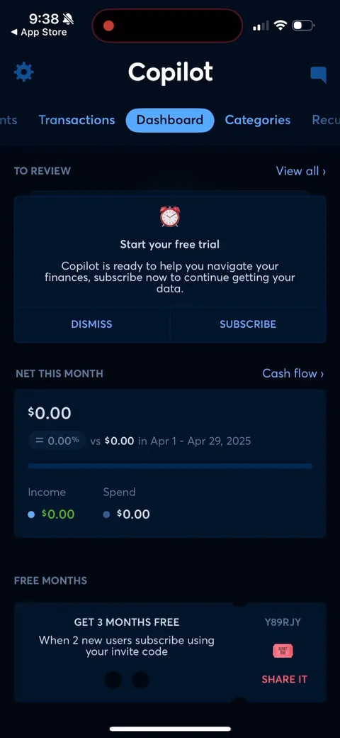 Copilot onboarding screen 129: Referral offer baked into the dashboard: 'get 3 months free when 2 new users subscribe using your invite…