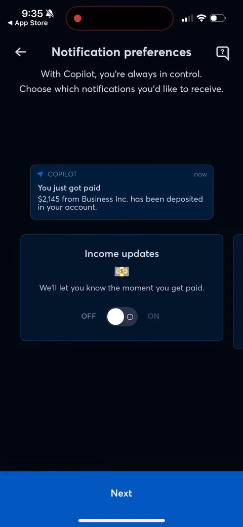 Copilot onboarding screen 14: Notification preferences done as interactive previews