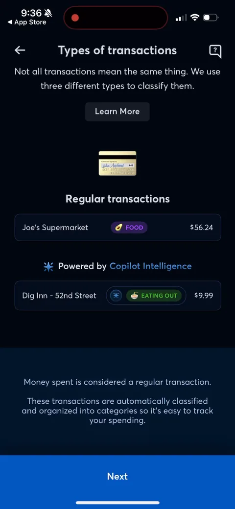 Copilot onboarding screen 35: Explainer on how Copilot classifies transactions (regular, income, transfers)