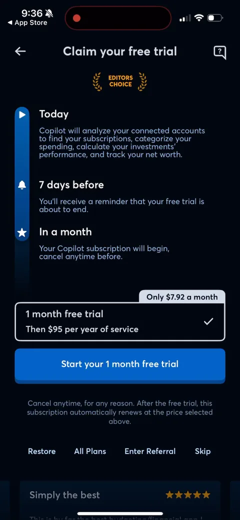 Copilot onboarding screen 43: The paywall