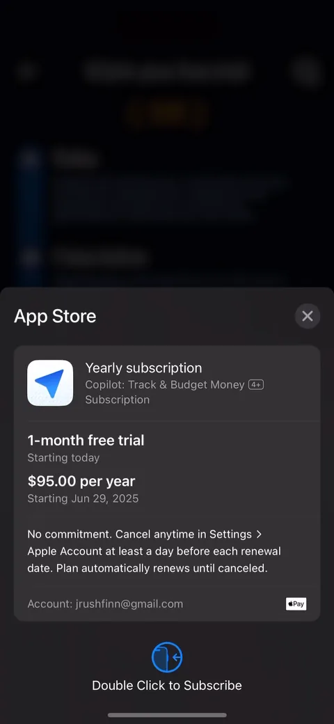 Copilot onboarding screen 69: Routes the purchase through Apple's native subscription sheet, double-click to confirm
