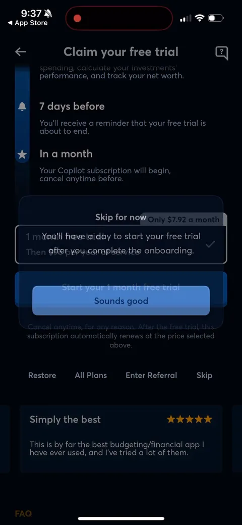 Copilot onboarding screen 94: Hit skip and they don't fully let go: 'you'll have a day to start your free trial after you complete the…