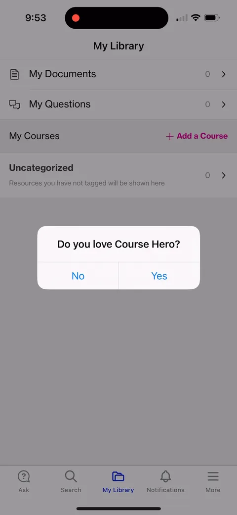 Course Hero onboarding screen 3: 'Do you love Course Hero?' inside the first minute, before you've done anything at all