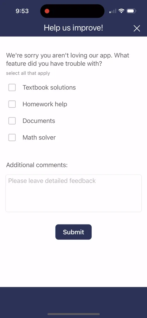 Course Hero onboarding screen 4: The No branch, a feedback form with the four features as checkboxes