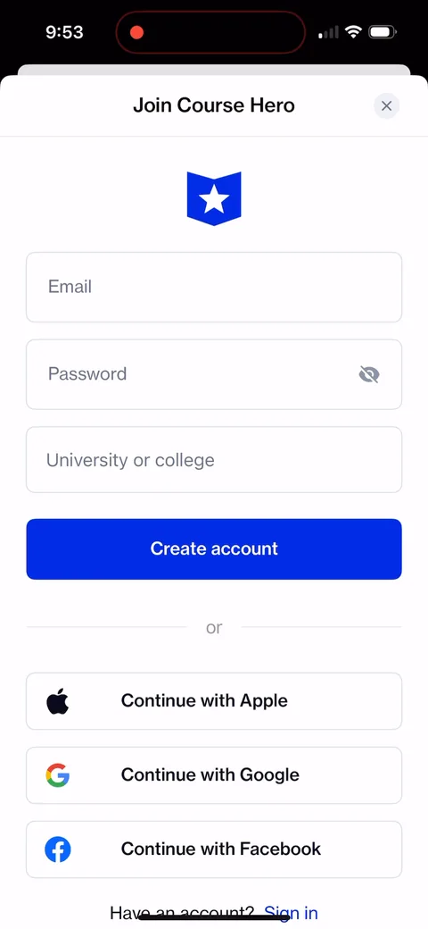 Course Hero onboarding screen 6: Signup deferred until you go looking for it, the opposite of Quizlet in this same batch
