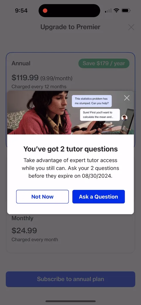 Course Hero onboarding screen 9: Two free tutor questions for creating an account, with an expiry date printed on them