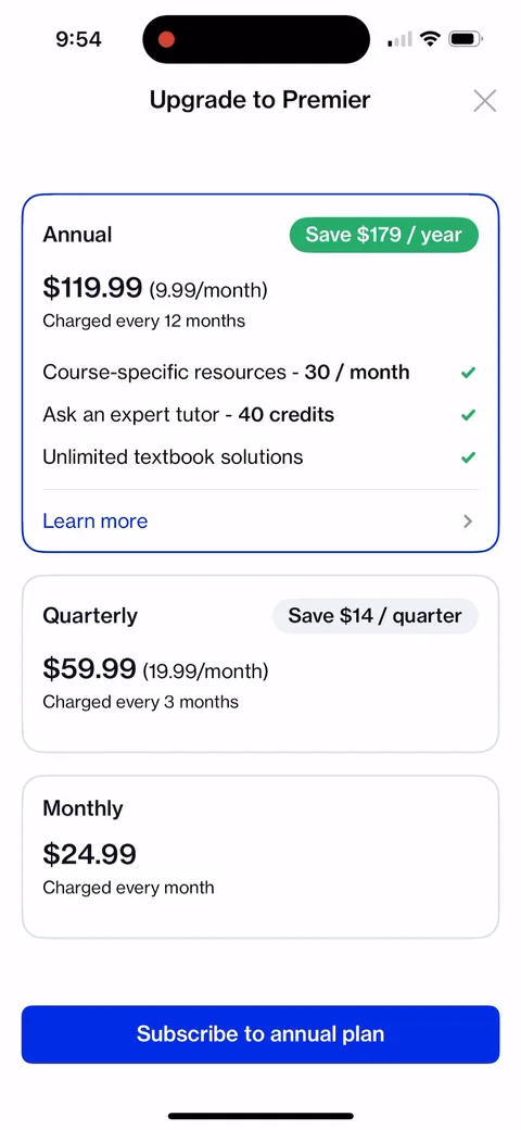Course Hero paywall with pricing, onboarding screen 10