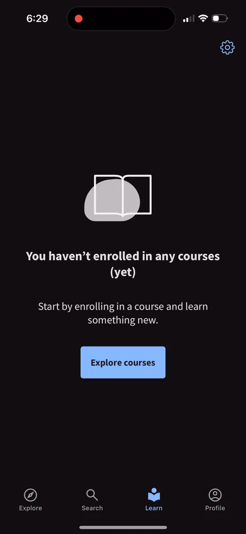 Coursera onboarding screen 3: 'You haven't enrolled in any courses (yet)' is the first real screen