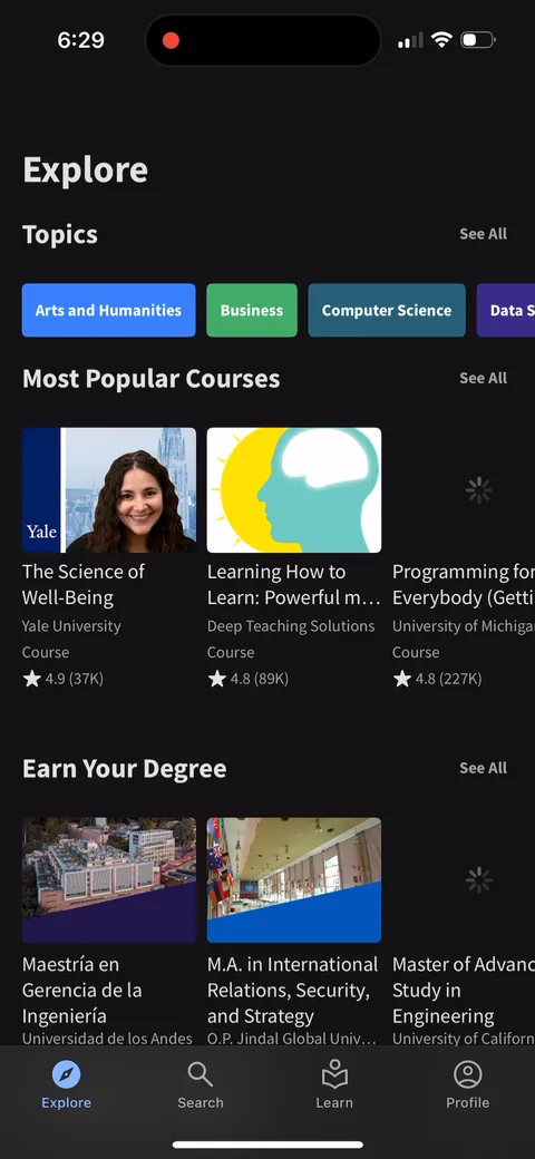 Coursera onboarding screen 7: No personalization anywhere, so the catalog does the selling instead: Yale's Science of Well-Being at 4.9…