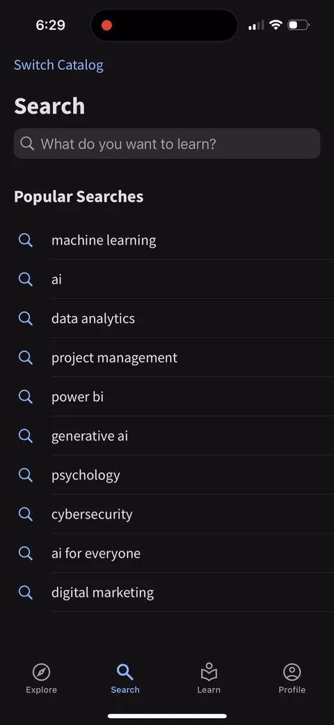 Coursera onboarding screen 8: Popular searches are machine learning, ai, data analytics, project management, power bi, generative ai…